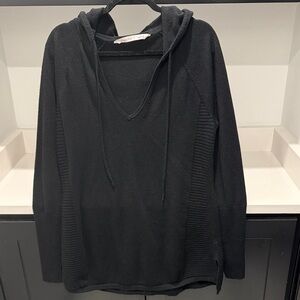 Athleta Black V-Neck 100% Merino Extra Fine Wool Hoodie Sweater. Size L